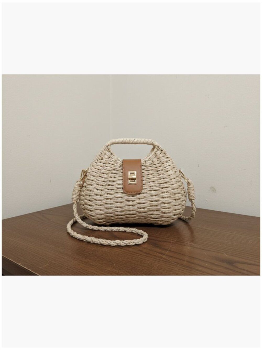 Straw Woven Clutch Purse with Leather Trim and Detachable Chain Strap